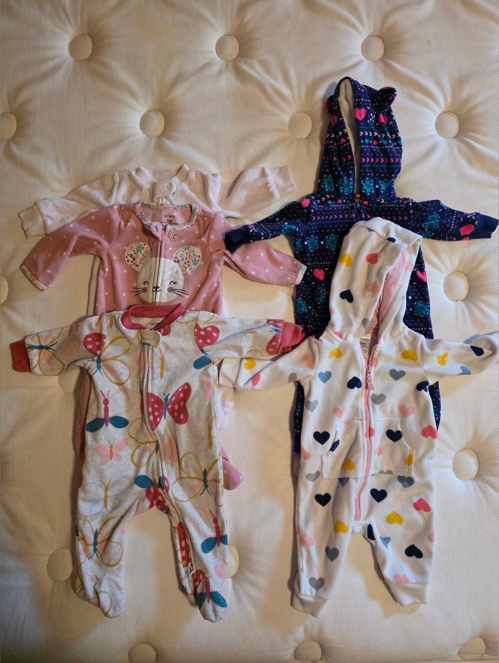 Bundle Of 5 Carters Fleece Warm Girls Onsies, 2 Hooded, Size 3 Months